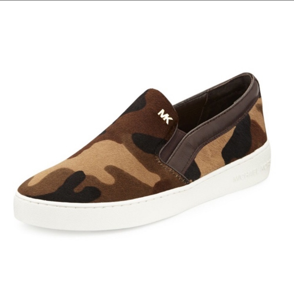 Michael Kors faux fur camo slip-on sneakers.